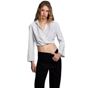 ZARA Women’s M White Draped Wrap Front Cropped Blouse Long Sleeve Made  Morocco